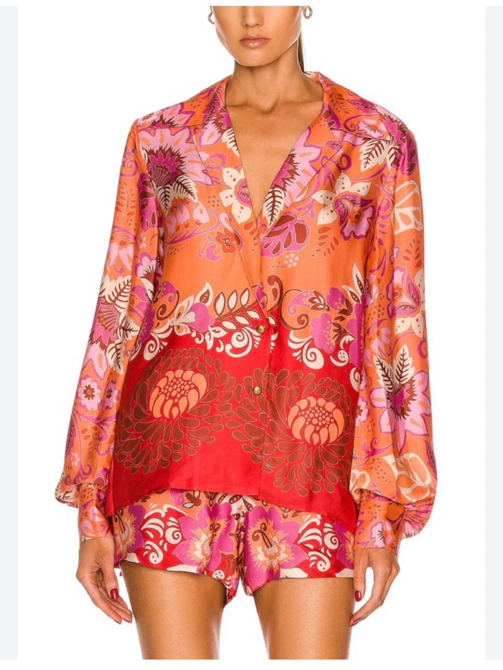 Alexis Beax Blouson-sleeve Printed Crepe Blouse In Orange Blossom L